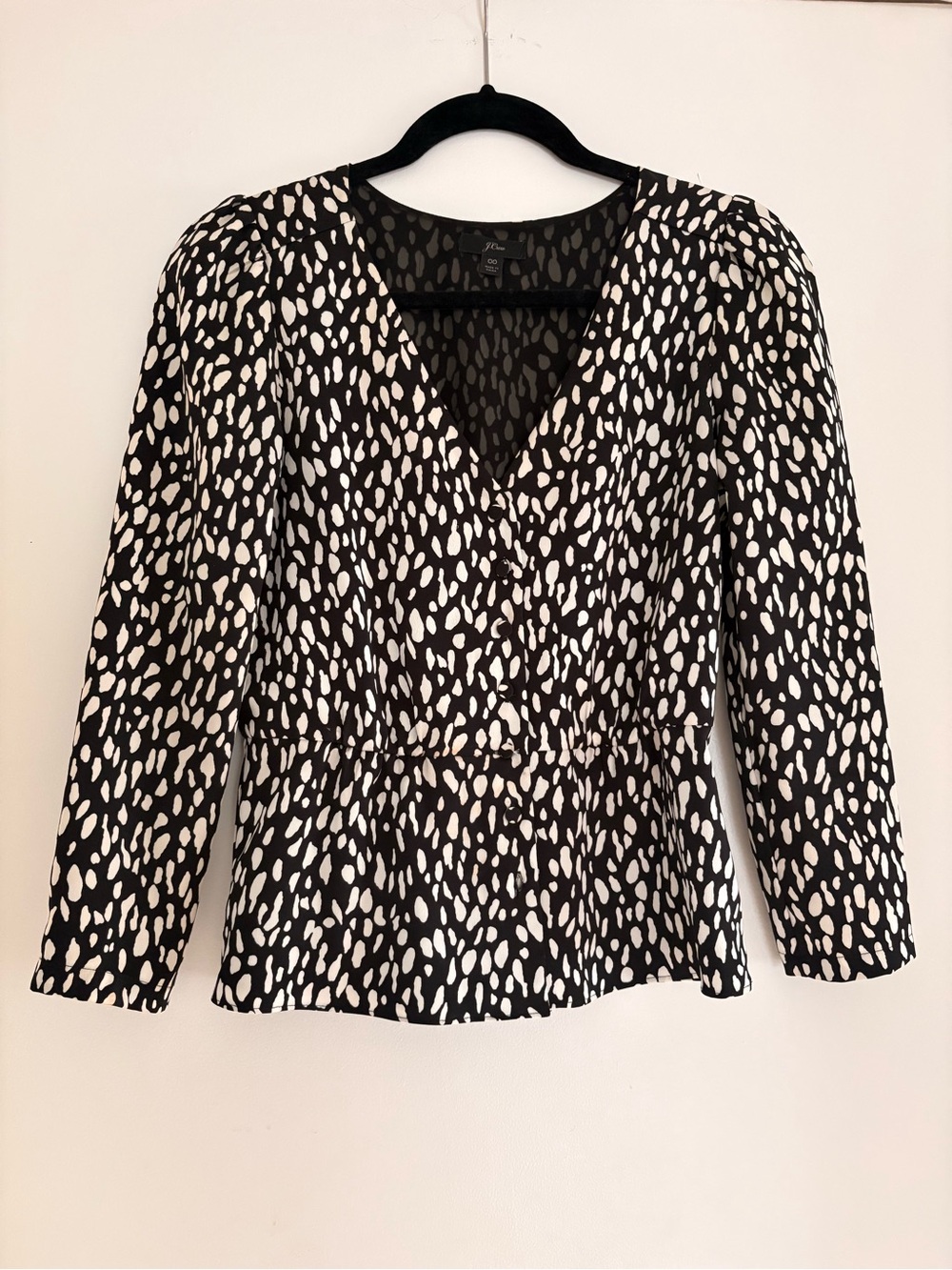J. Crew Black and White V-Neck Long Sleeve Printed Top